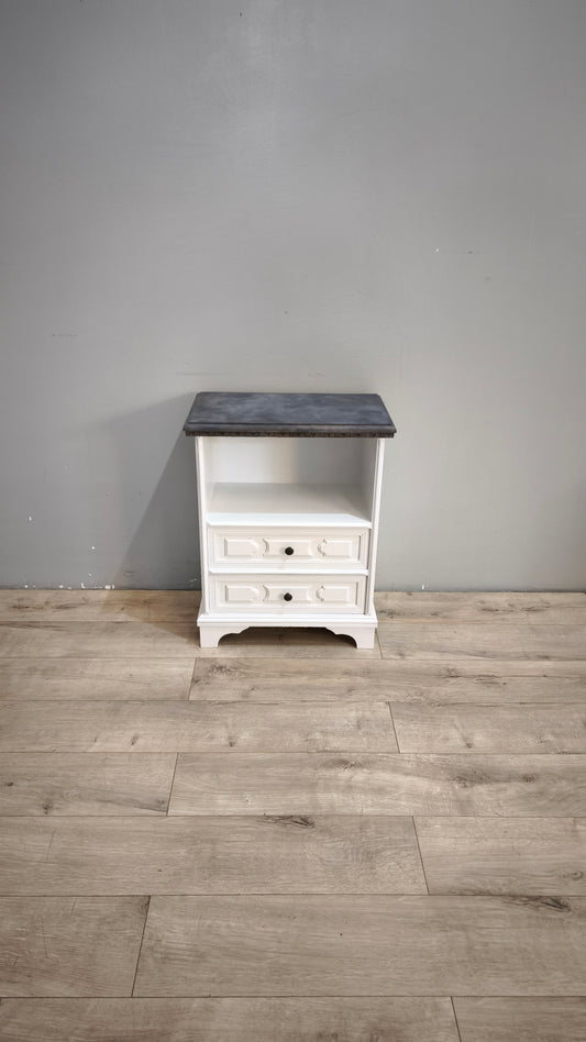 92592 Comodino in legno dipinto bianco con piano grigio