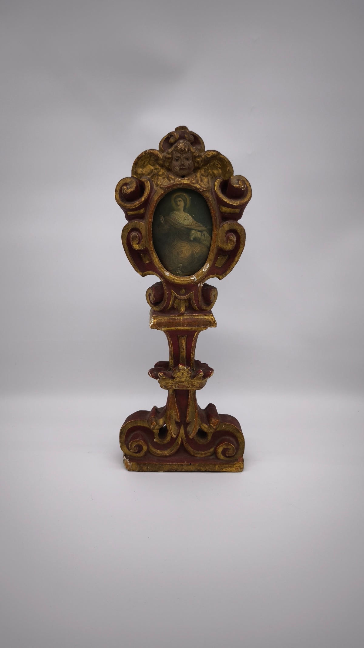 93786 Reliquiario ostensorio da tavolo in legno intagliato, XIX secolo