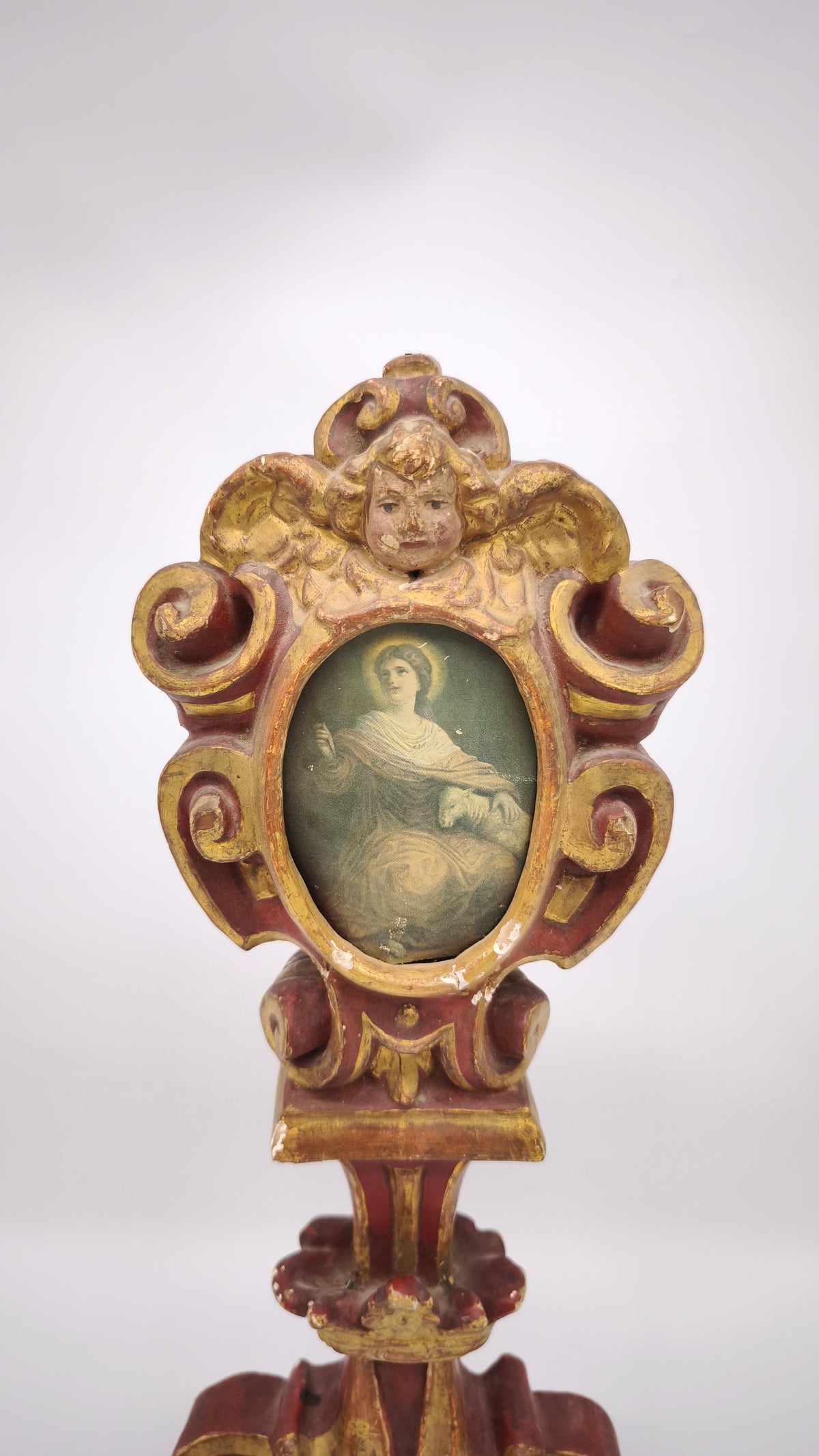 93786 Reliquiario ostensorio da tavolo in legno intagliato, XIX secolo