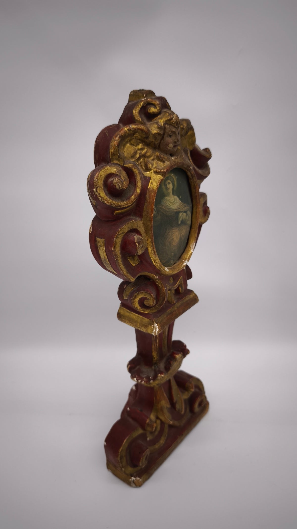 93786 Reliquiario ostensorio da tavolo in legno intagliato, XIX secolo