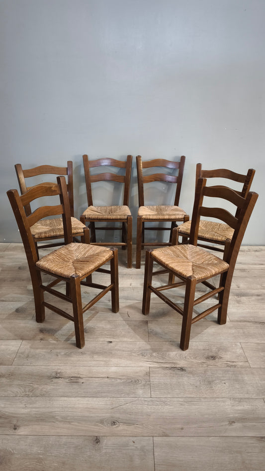 94136 Set n 6 sedie in legno con seduta in paglia