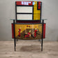 93663 Mobile bar anni '50 stile Gio Ponti in vetro decorato e metallo (con sgabelli)