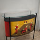 93663 Mobile bar anni '50 stile Gio Ponti in vetro decorato e metallo (con sgabelli)
