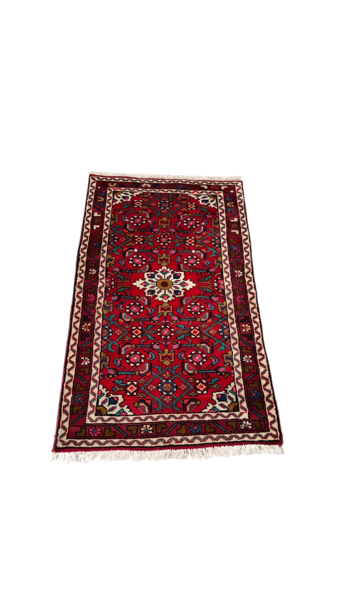 89212 Tappeto Hamedan, Persia, rosso, cotone e lana con decorazione a motivo floreale 128cm x 72cm