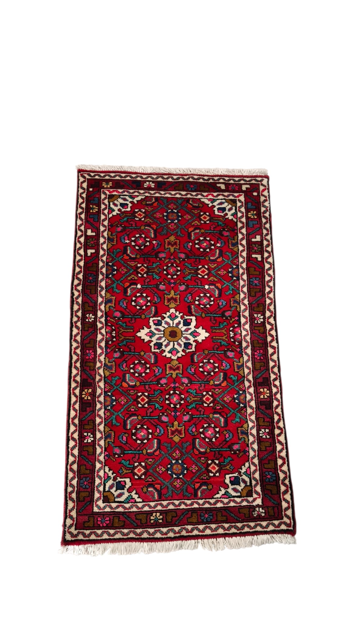 89212 Tappeto Hamedan, Persia, rosso, cotone e lana con decorazione a motivo floreale 128cm x 72cm