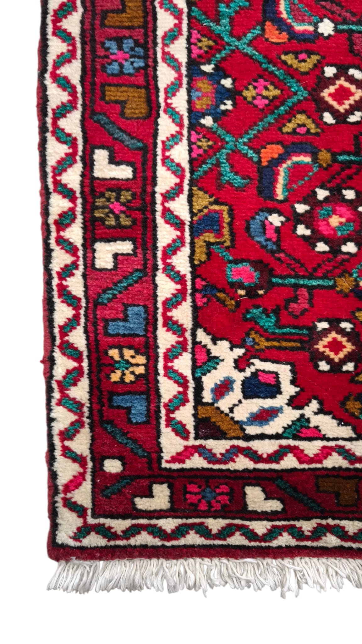 89212 Tappeto Hamedan, Persia, rosso, cotone e lana con decorazione a motivo floreale 128cm x 72cm