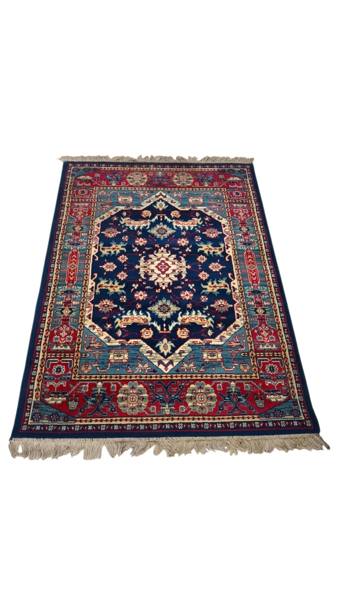 93921 Tappeto in fibra naturale blu e rosso con decoro a motivo floreale 120cm x 176cm