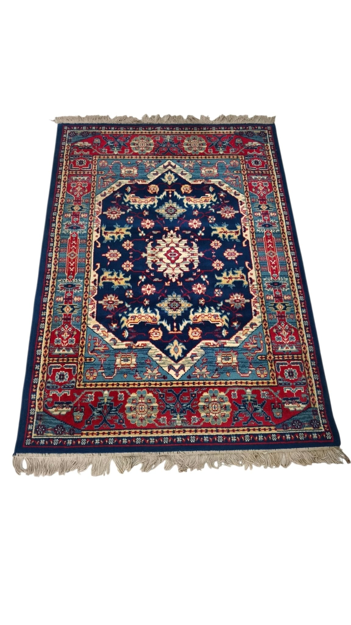 93921 Tappeto in fibra naturale blu e rosso con decoro a motivo floreale 120cm x 176cm